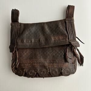 Antique Moroccan Hand Tooled and Stitched Leather Travel Bag